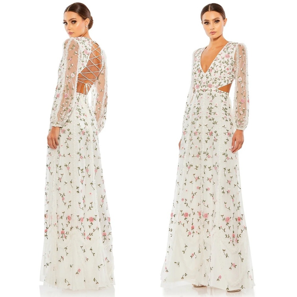 Mac Duggal Long Sleeve Embellished Cut Out A-Line Gown Ivory Multi $498 - Size 4